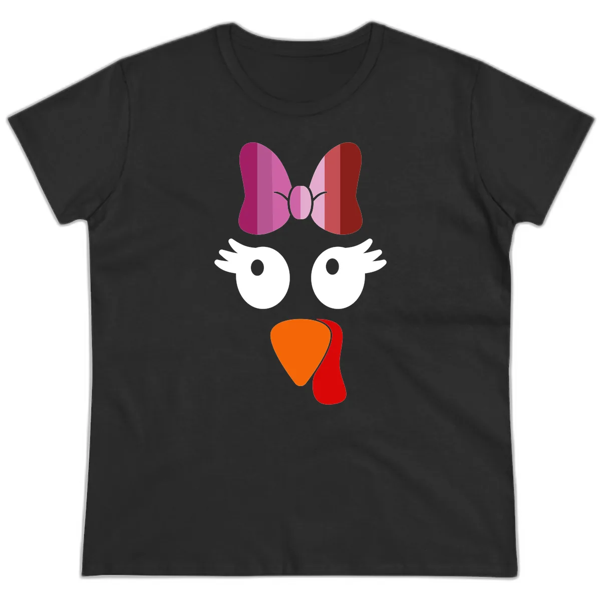 Cute Turkey Bow Face Design Ladies Tee in Black
