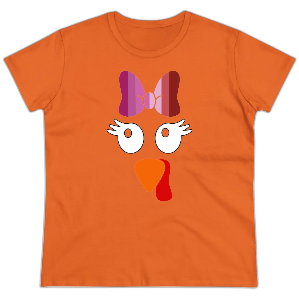 Cute Turkey Bow Face Design Ladies Tee in Orange