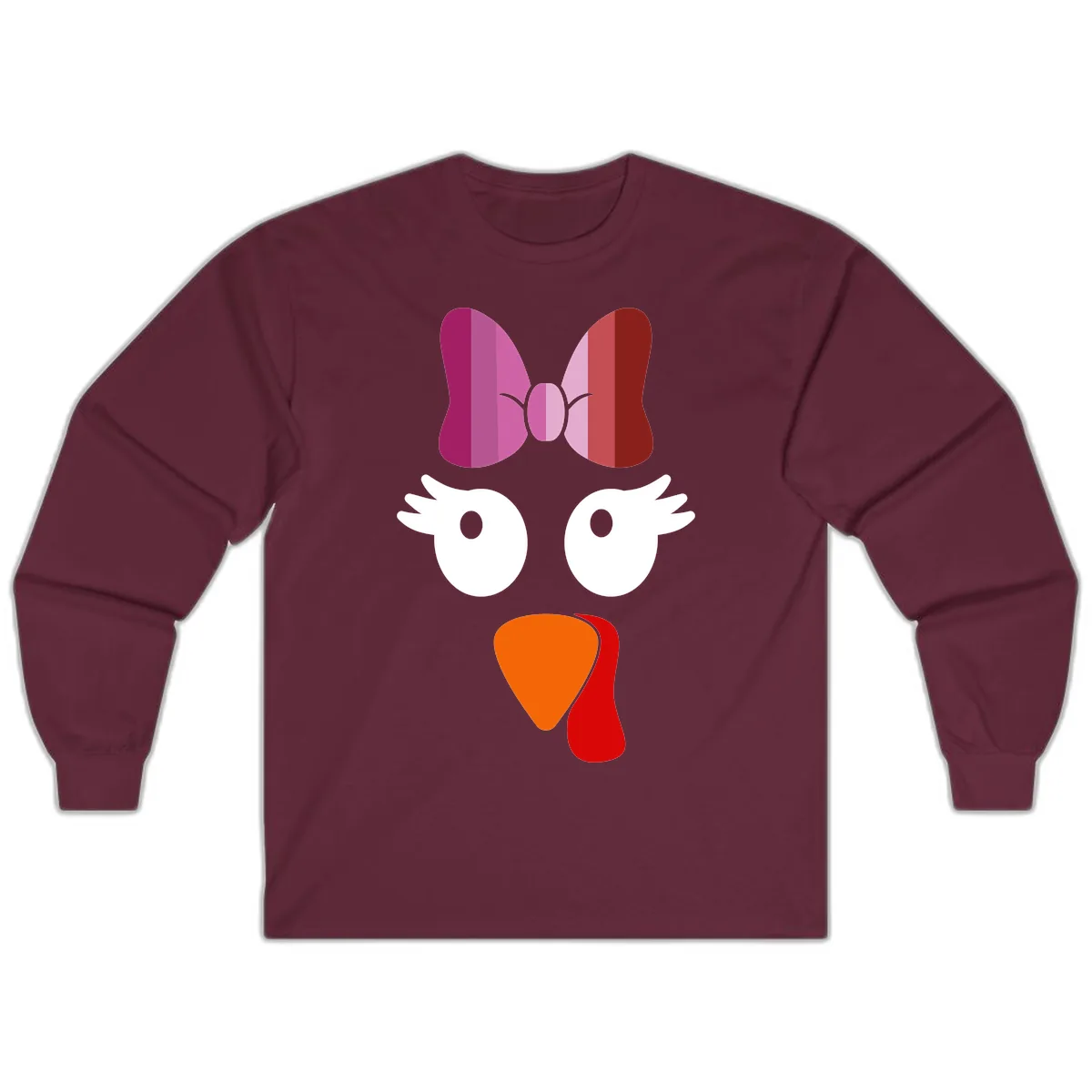 Cute Turkey Bow Face Design Long Sleeve in Maroon