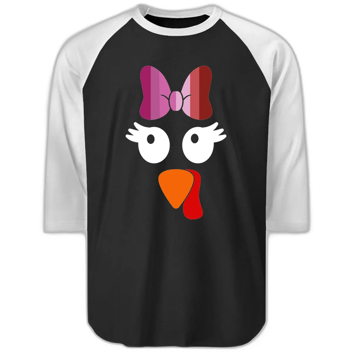 Cute Turkey Bow Face Design Raglan 3/4 in Black White