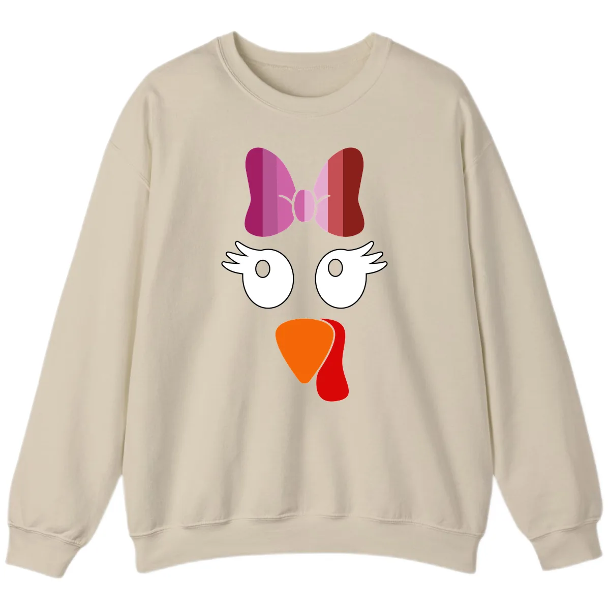 Cute Turkey Bow Face Design Sweatshirt in Sand