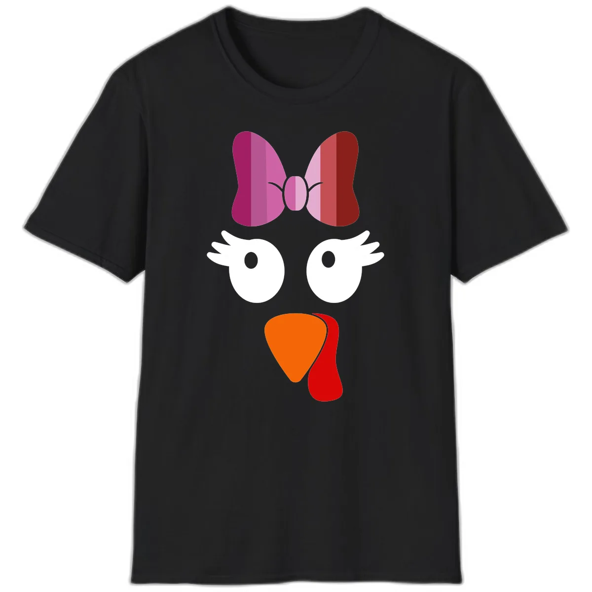 Cute Turkey Bow Face Design T-Shirt in Black