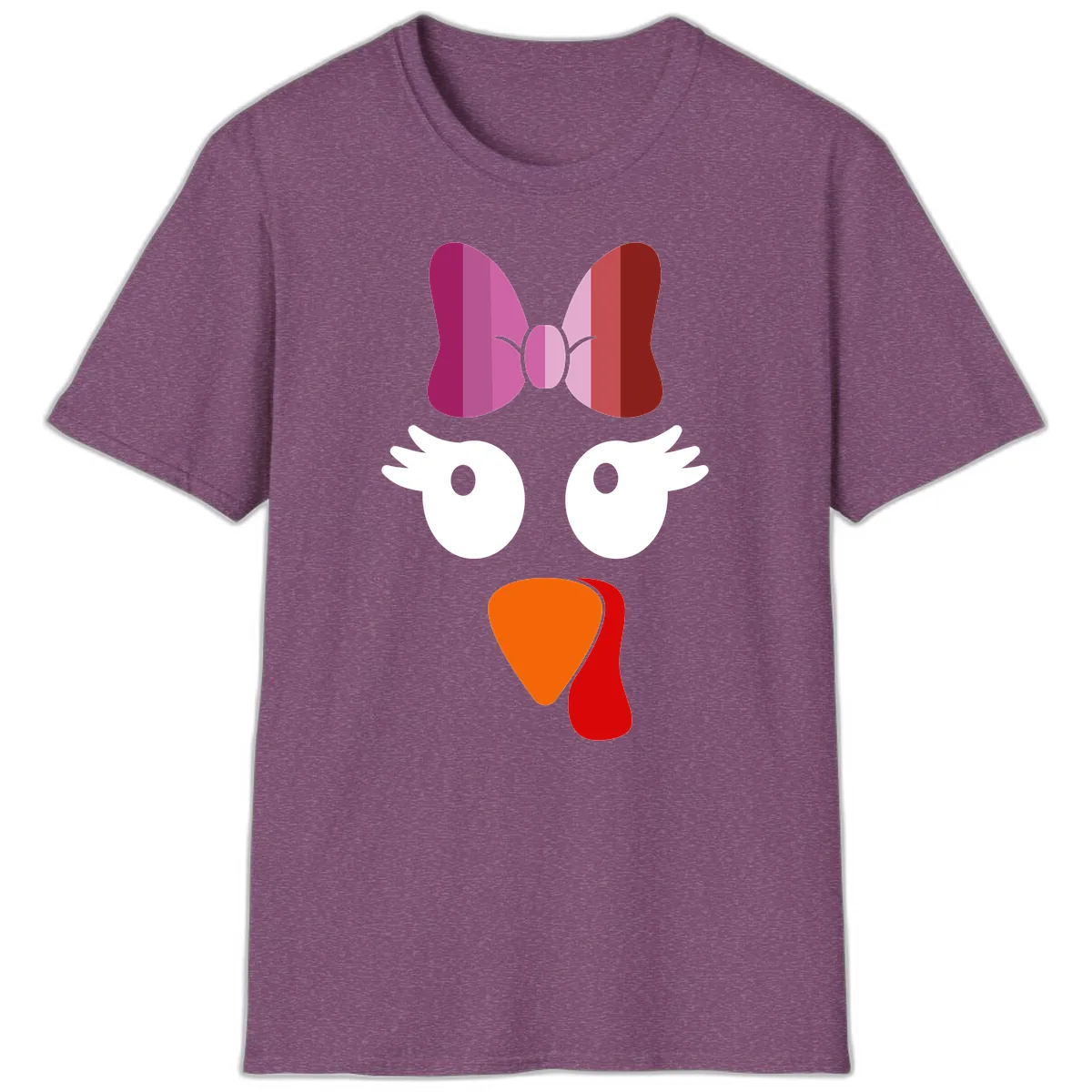 Cute Turkey Bow Face Design T-Shirt in Heather Maroon