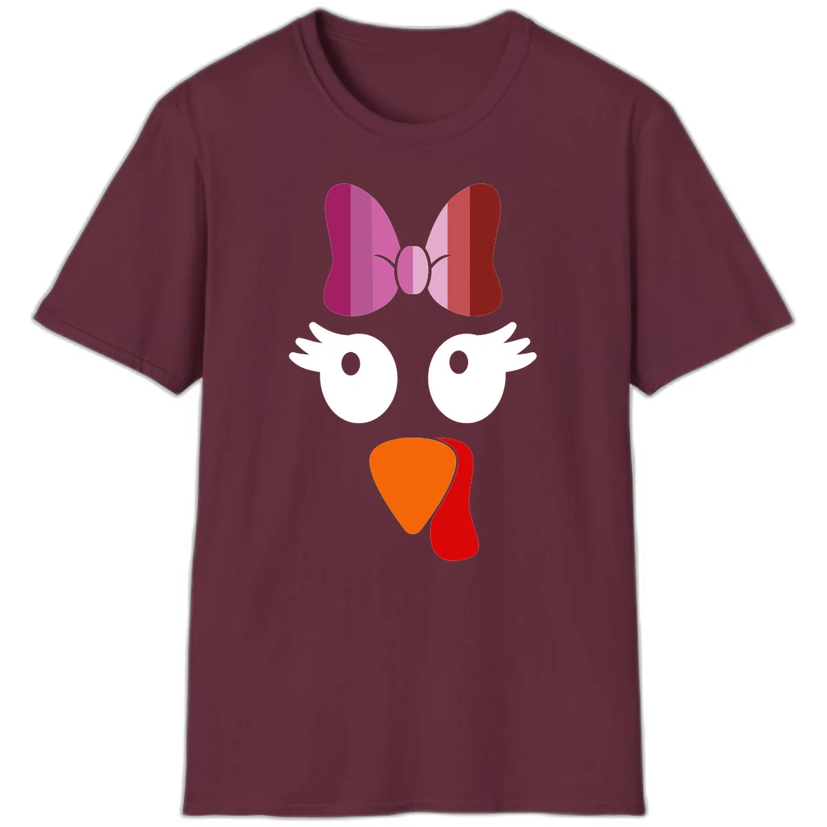 Cute Turkey Bow Face Design T-Shirt in Maroon