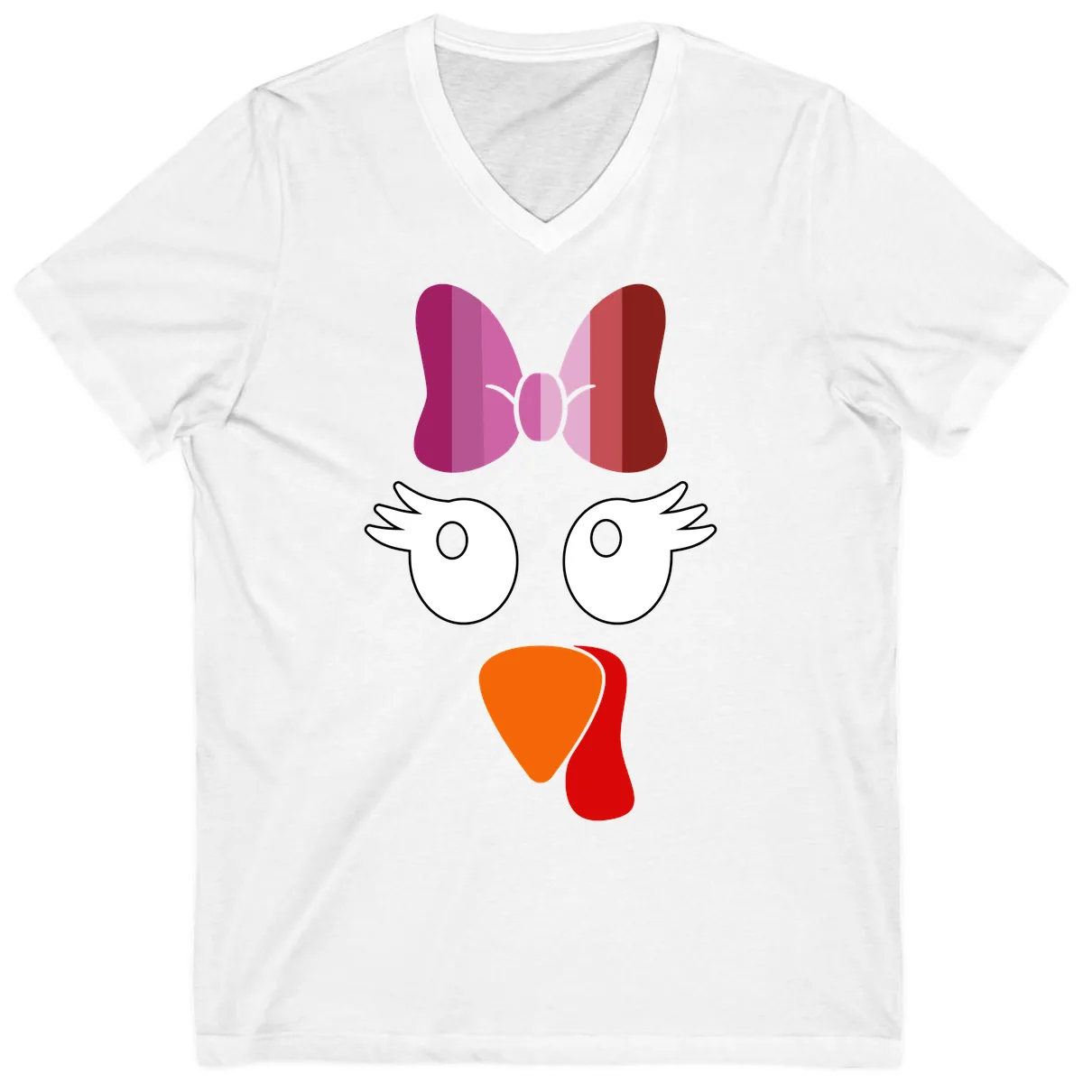 Cute Turkey Bow Face Design V-Neck in White