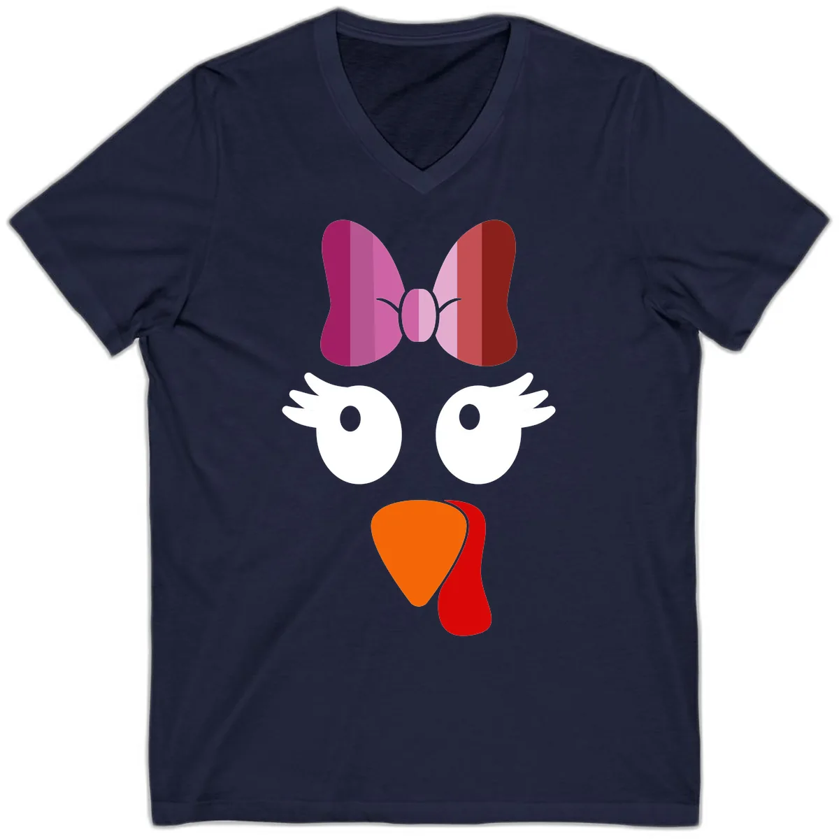 Cute Turkey Bow Face Design V-Neck in Navy