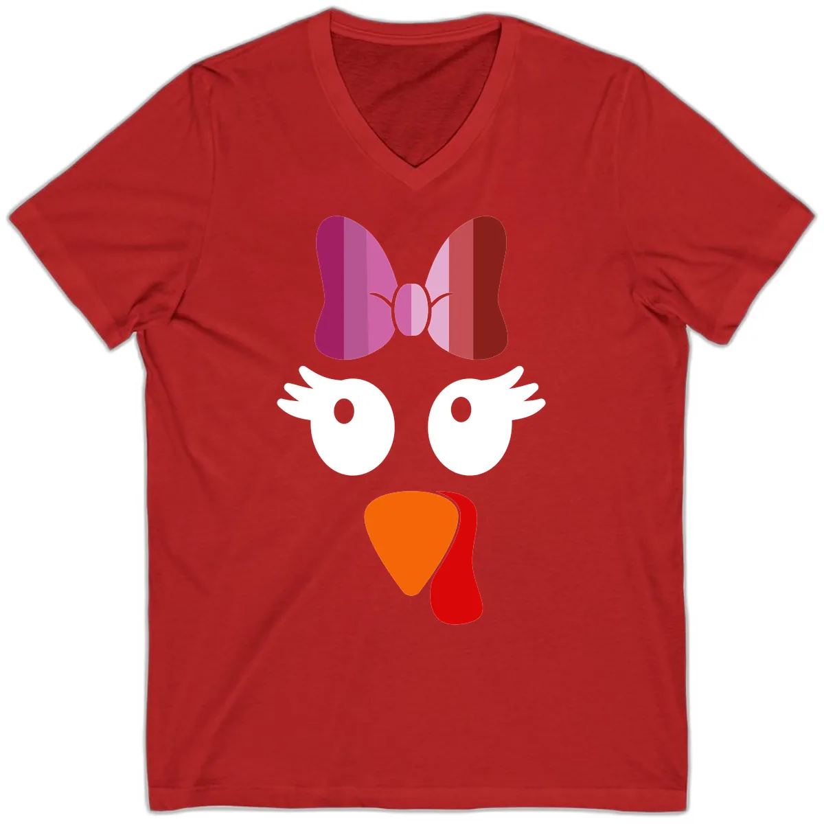 Cute Turkey Bow Face Design V-Neck in Red