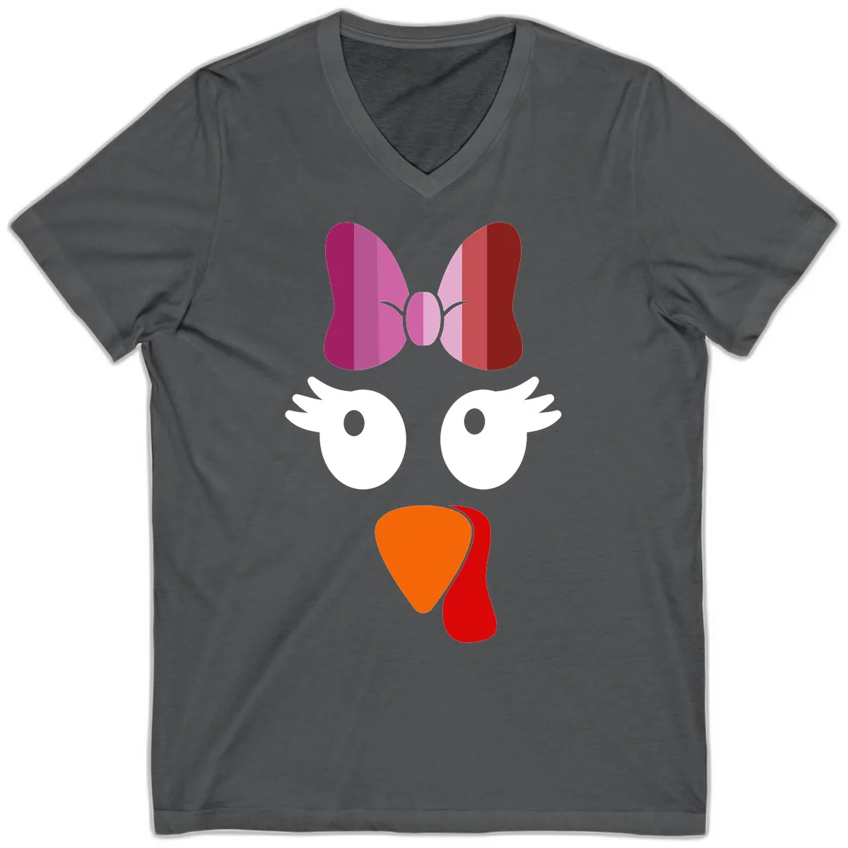Cute Turkey Bow Face Design V-Neck in Asphalt