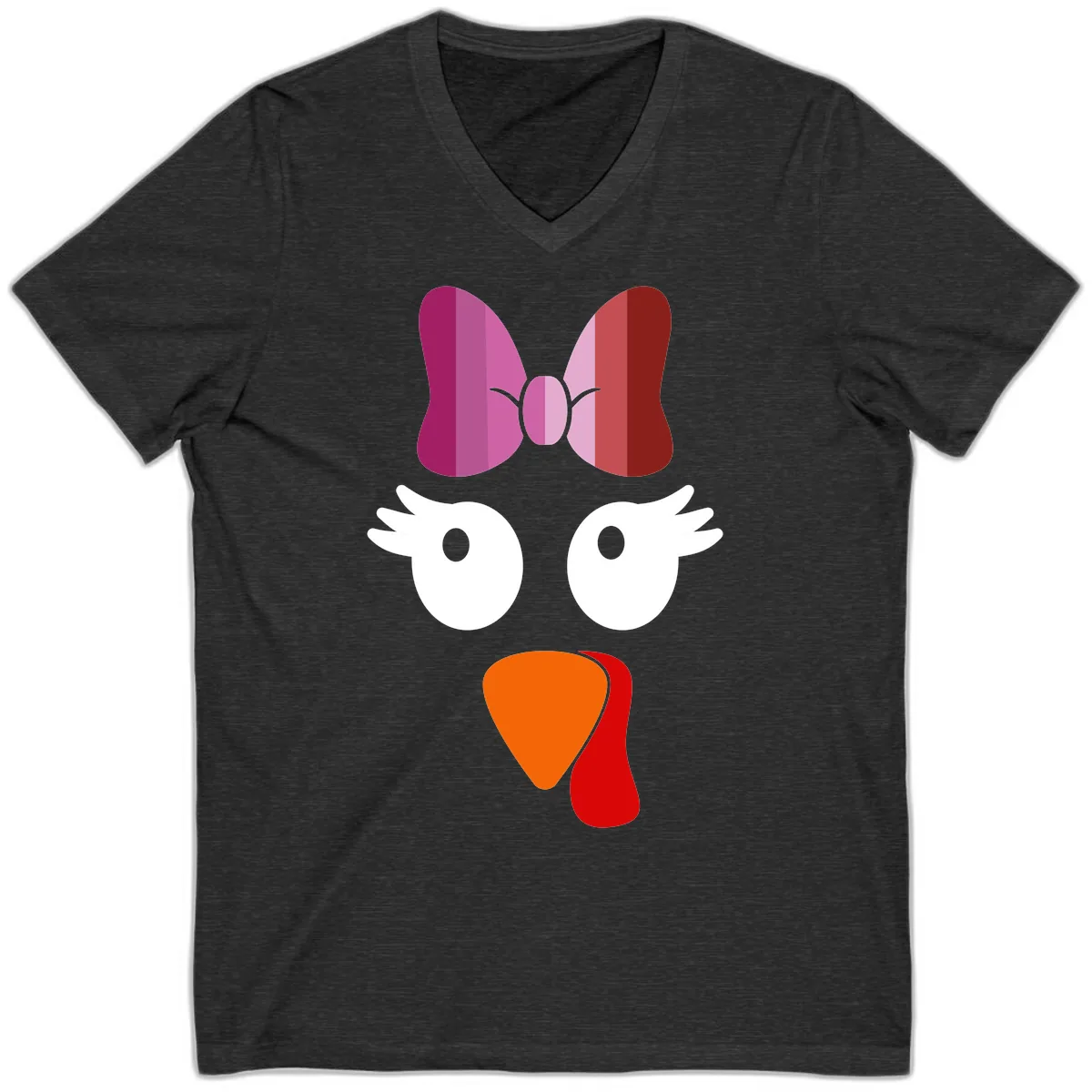 Cute Turkey Bow Face Design V-Neck in Dark Grey Heather