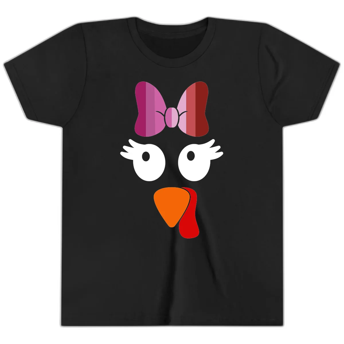 Cute Turkey Bow Face Design Youth T-Shirt in Black