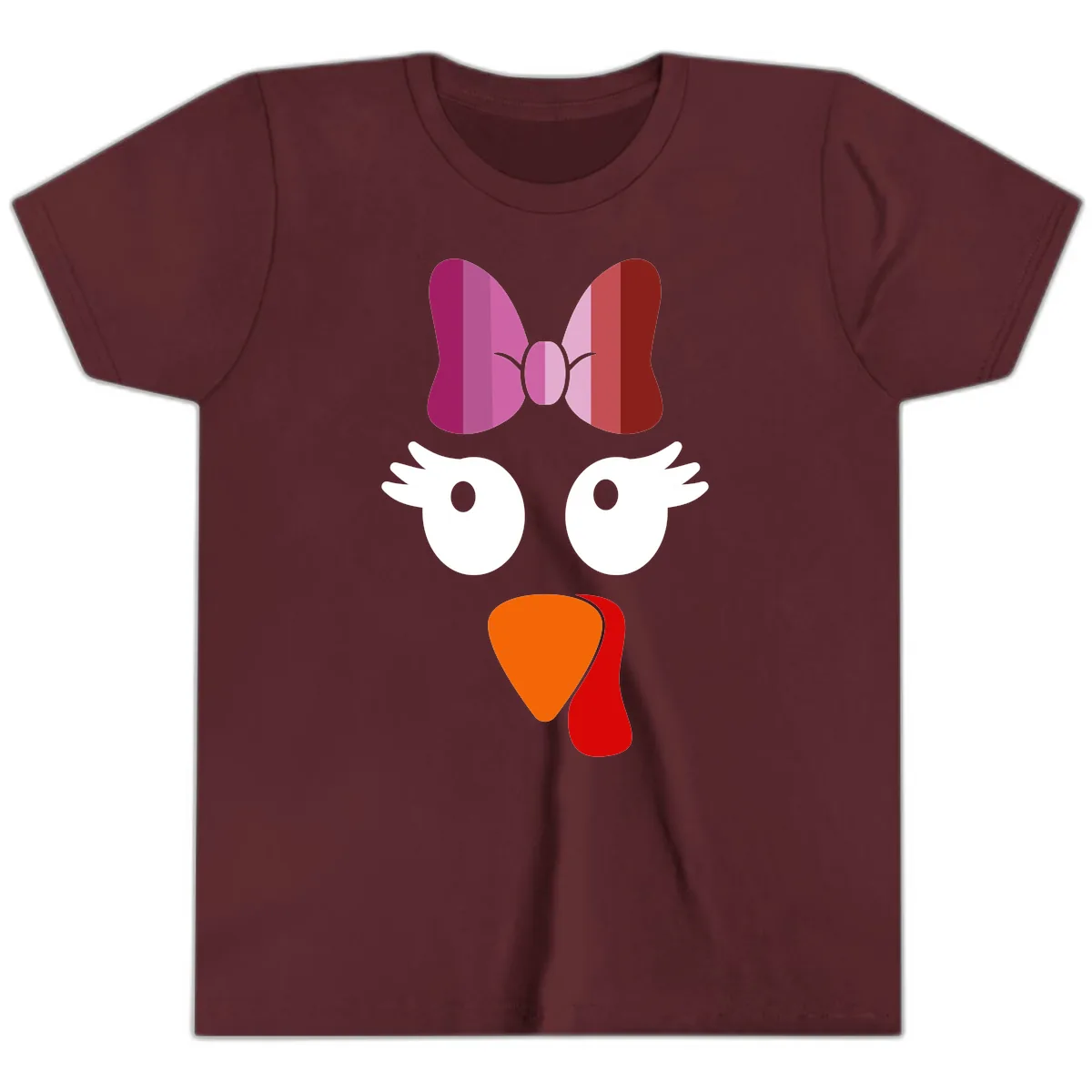 Cute Turkey Bow Face Design Youth T-Shirt in Maroon