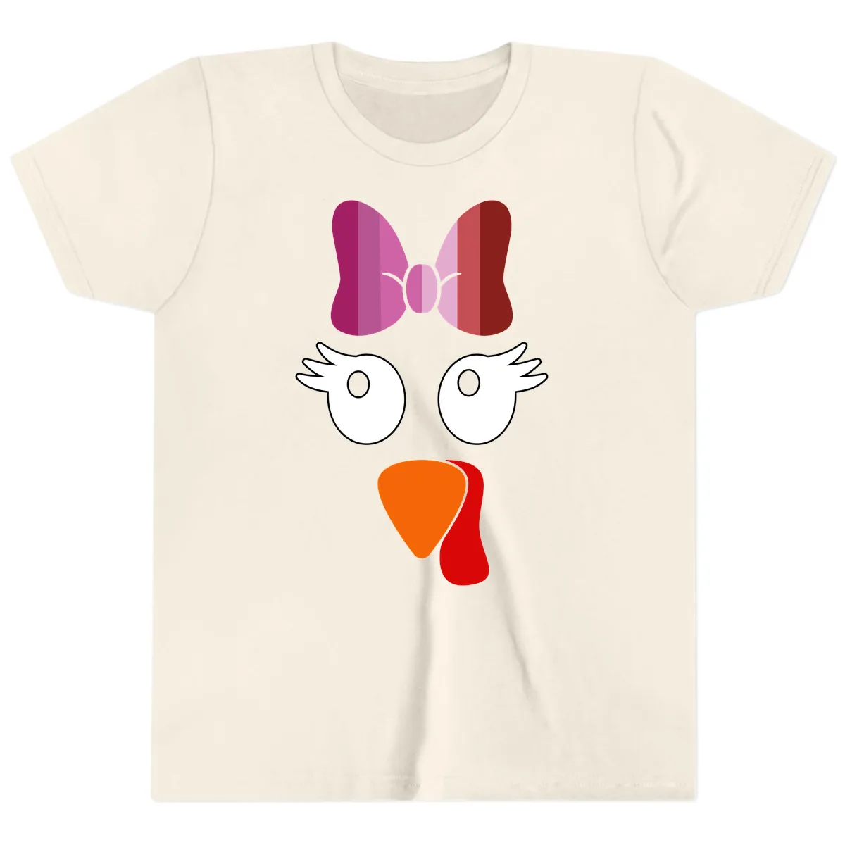 Cute Turkey Bow Face Design Youth T-Shirt in Natural