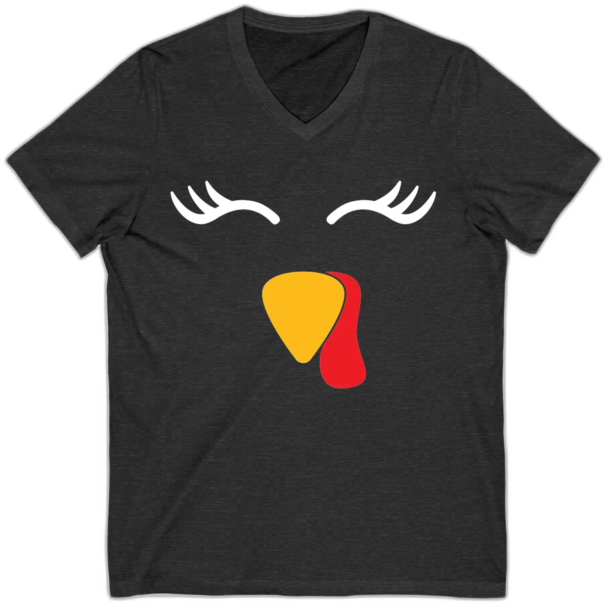 Funny Turkey Face Thanksgiving V-Neck in Dark Grey Heather