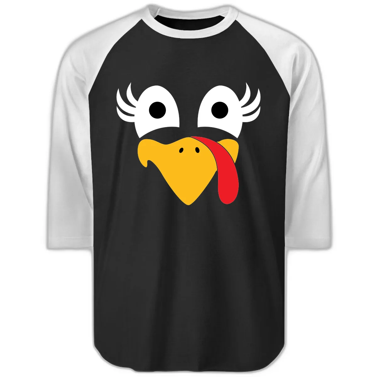 Funny Turkey Face Thanksgiving Design Raglan 3/4 in Black White