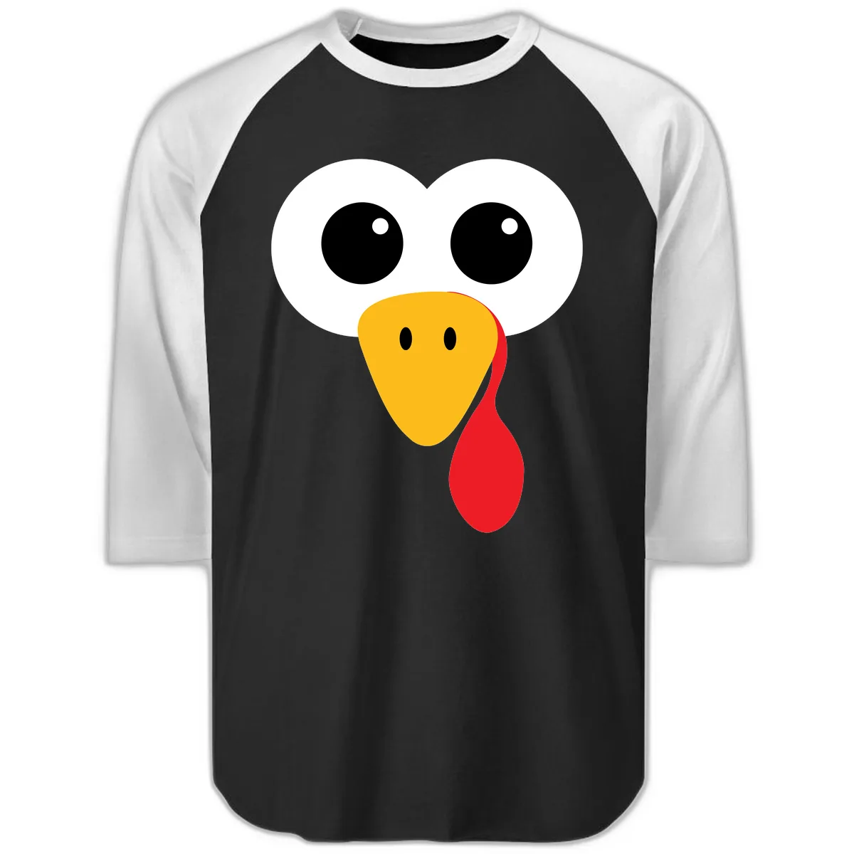 Funny Turkey Face Thanksgiving Design Raglan 3/4 in Black White