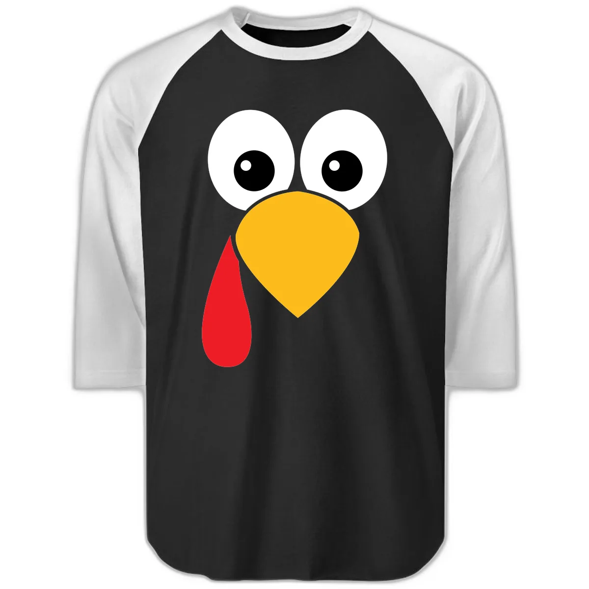 Funny Turkey Face Thanksgiving Design Raglan 3/4 in Black White
