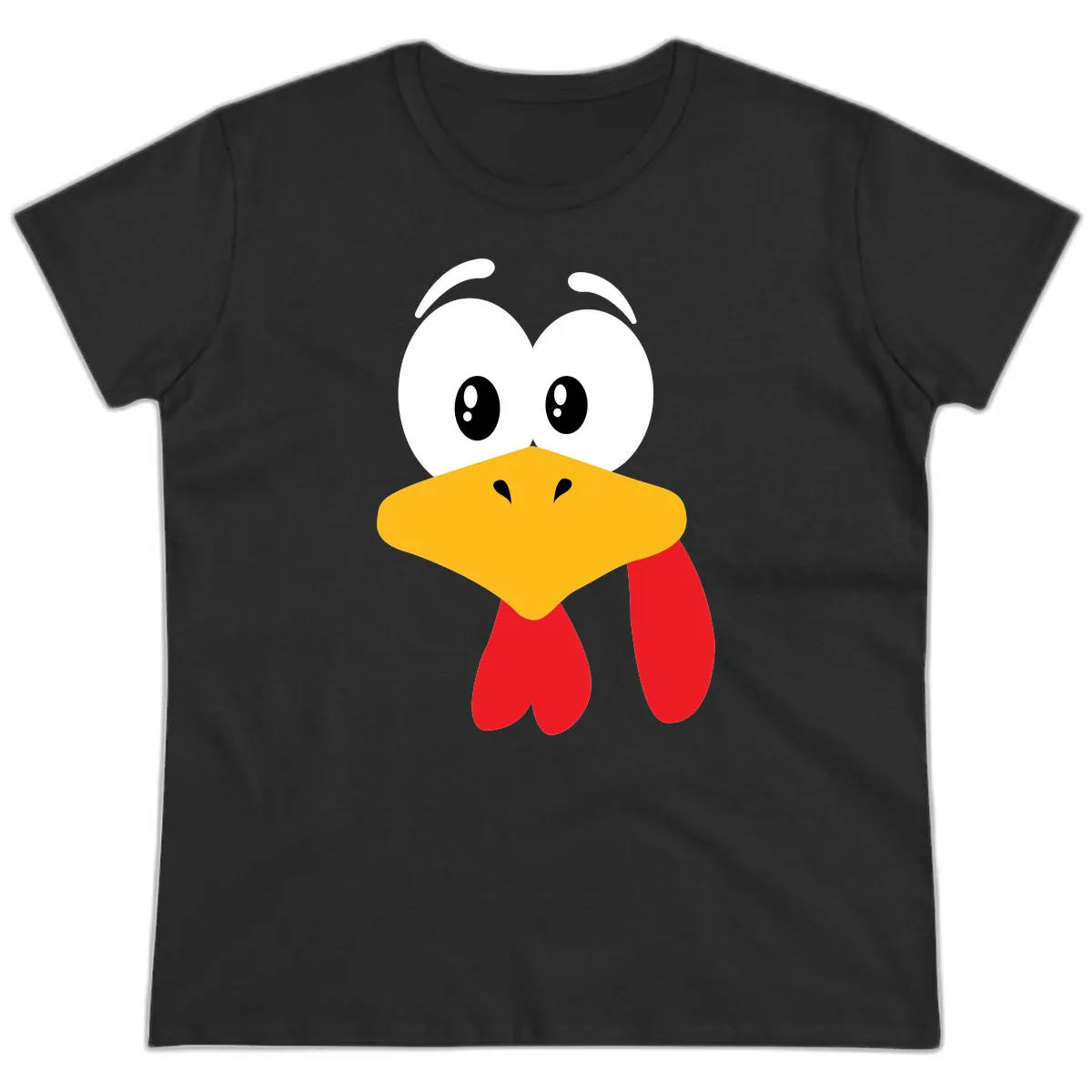 Funny Cartoon Turkey Face Design Ladies Tee in Black