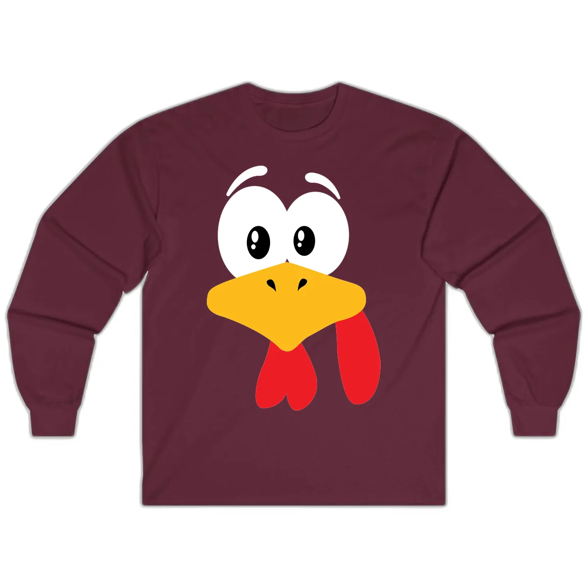 Funny Cartoon Turkey Face Design Long Sleeve in Maroon