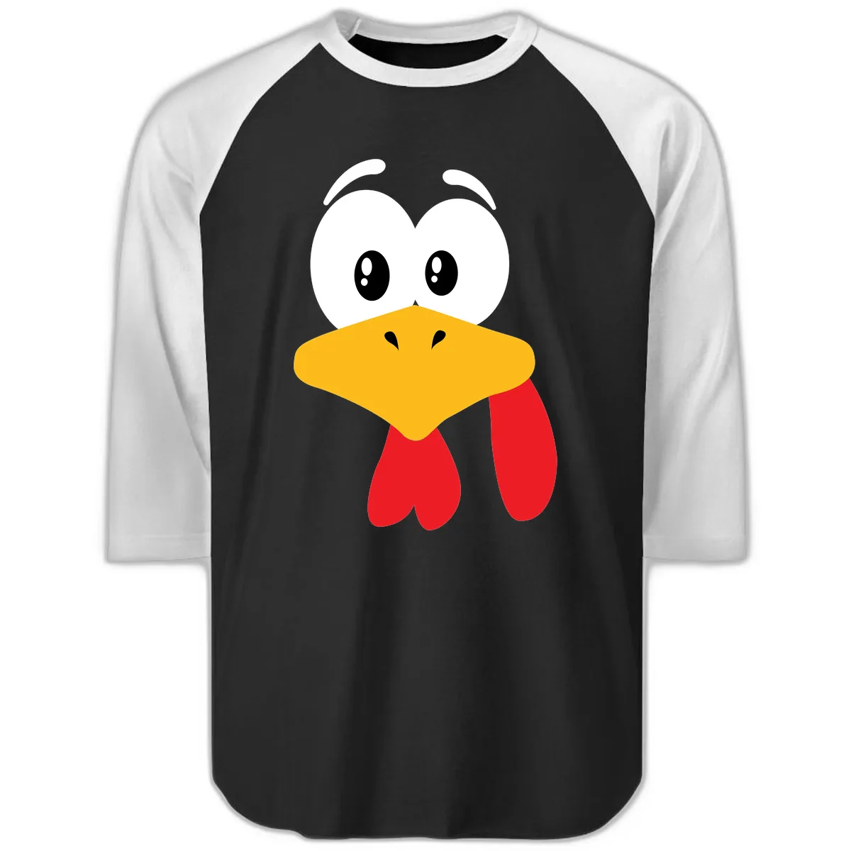 Funny Cartoon Turkey Face Design Raglan 3/4 in Black White
