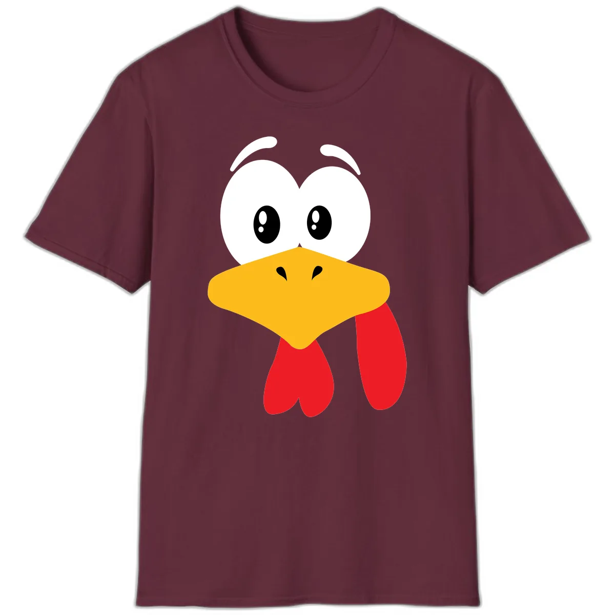 Funny Cartoon Turkey Face Design T-Shirt in Maroon