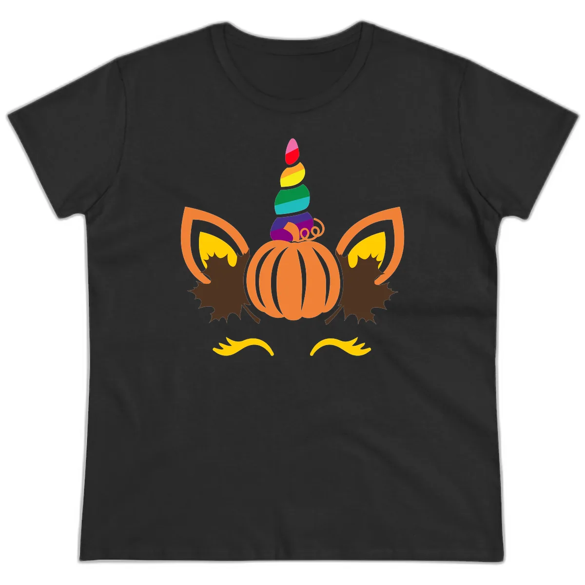 Unicorn Pumpkin Fall Halloween Design Ladies Tee in Black