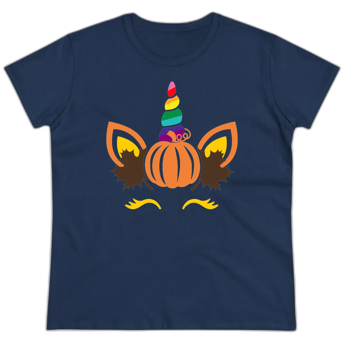 Unicorn Pumpkin Fall Halloween Design Ladies Tee in Navy