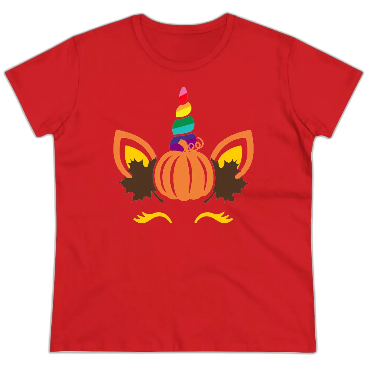 Unicorn Pumpkin Fall Halloween Design Ladies Tee in Red