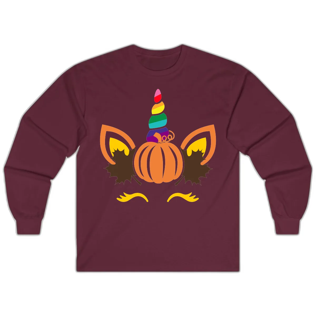 Unicorn Pumpkin Fall Halloween Design Long Sleeve in Maroon