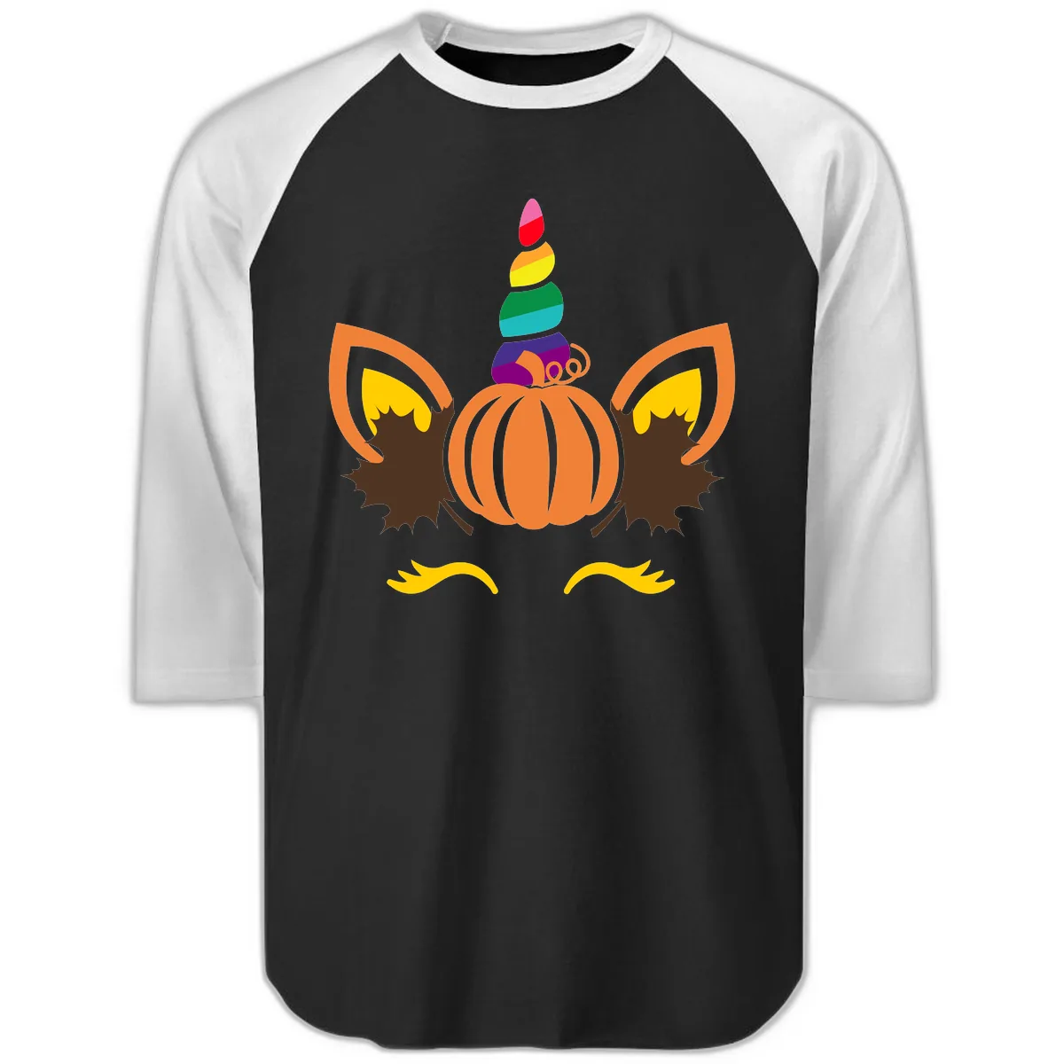 Unicorn Pumpkin Fall Halloween Design Raglan 3/4 in Black White