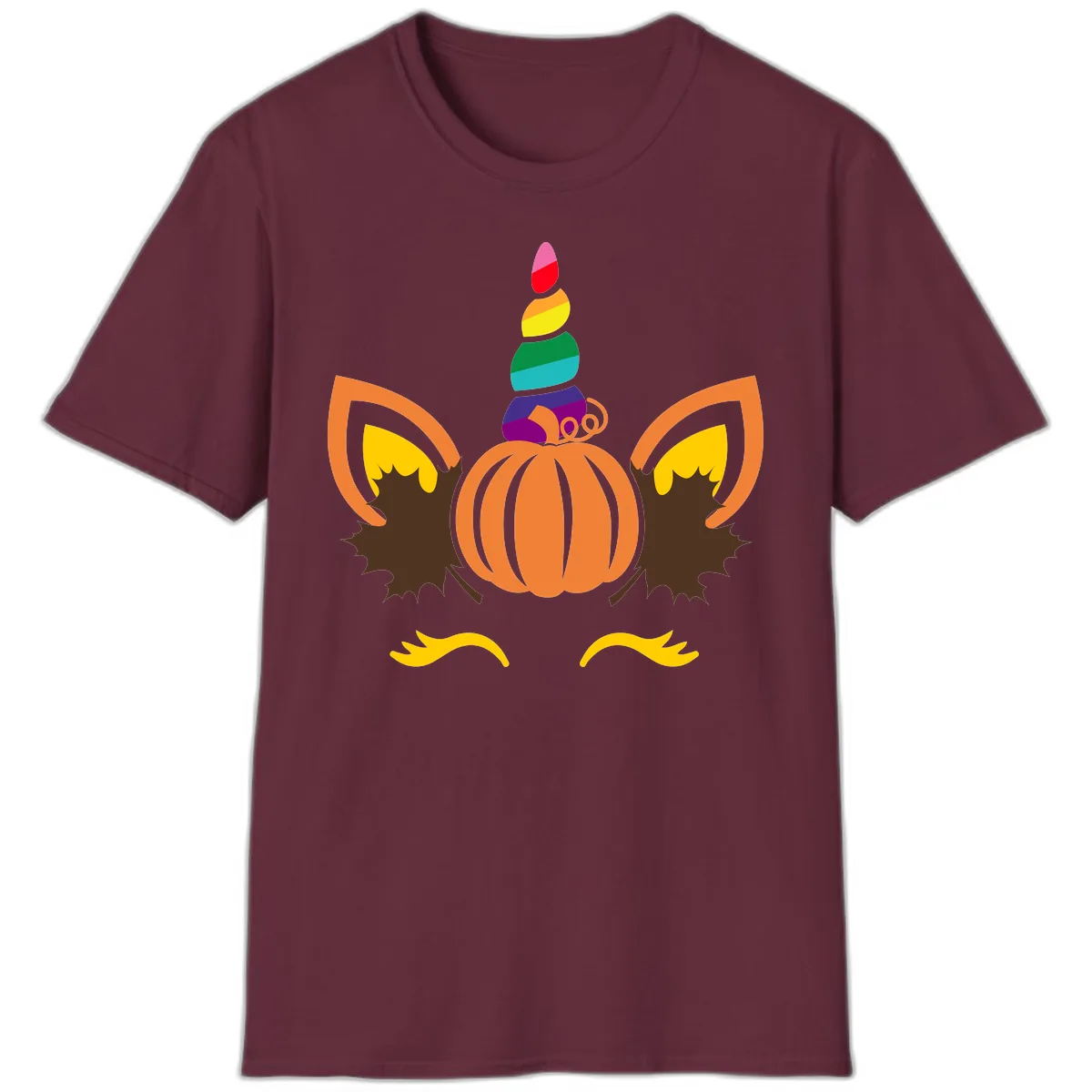 Unicorn Pumpkin Fall Halloween Design T-Shirt in Maroon