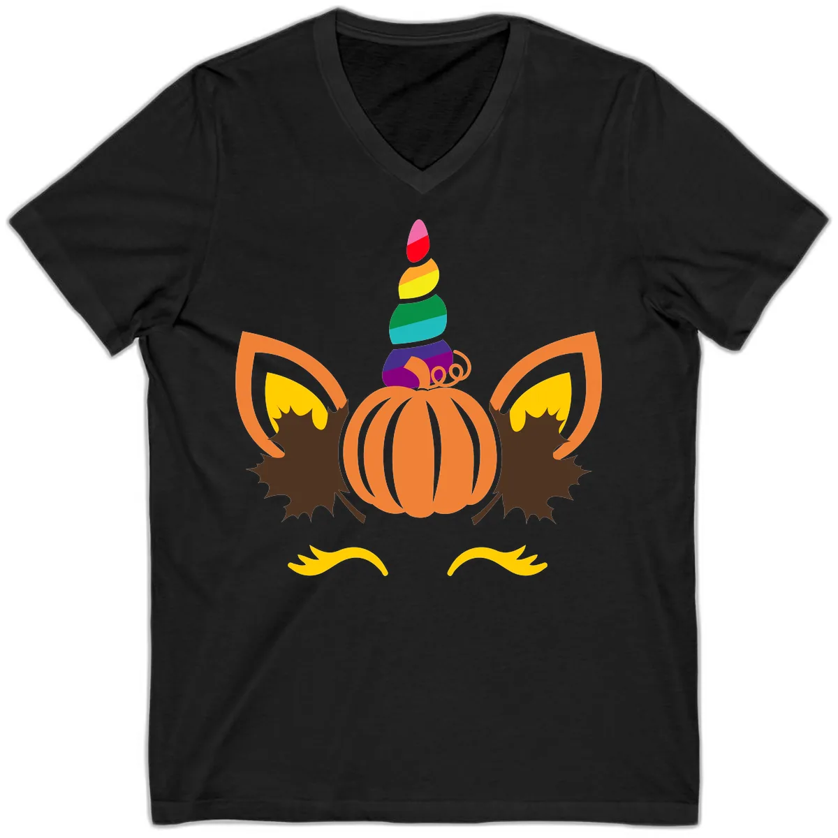Unicorn Pumpkin Fall Halloween Design V-Neck in Black