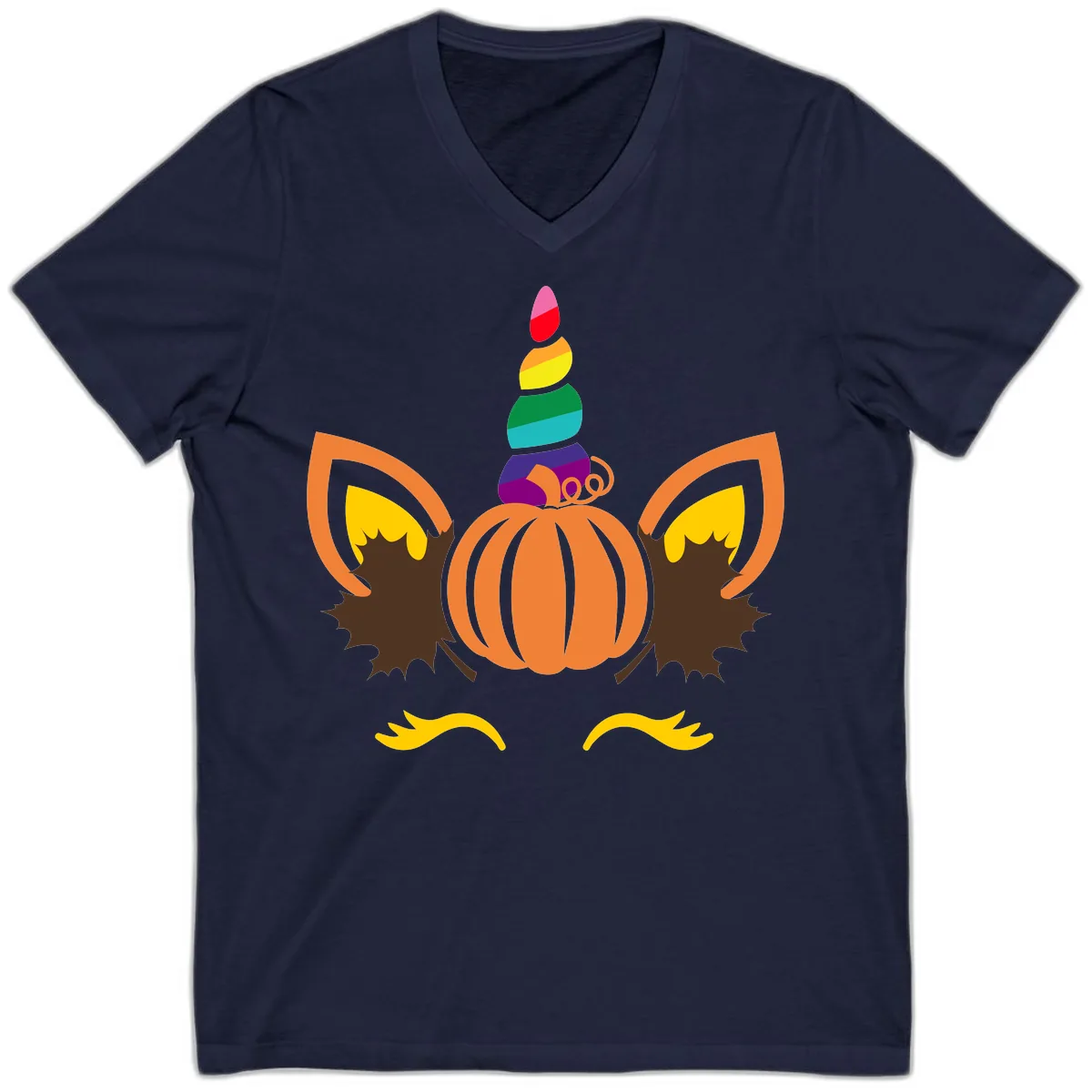 Unicorn Pumpkin Fall Halloween Design V-Neck in Navy