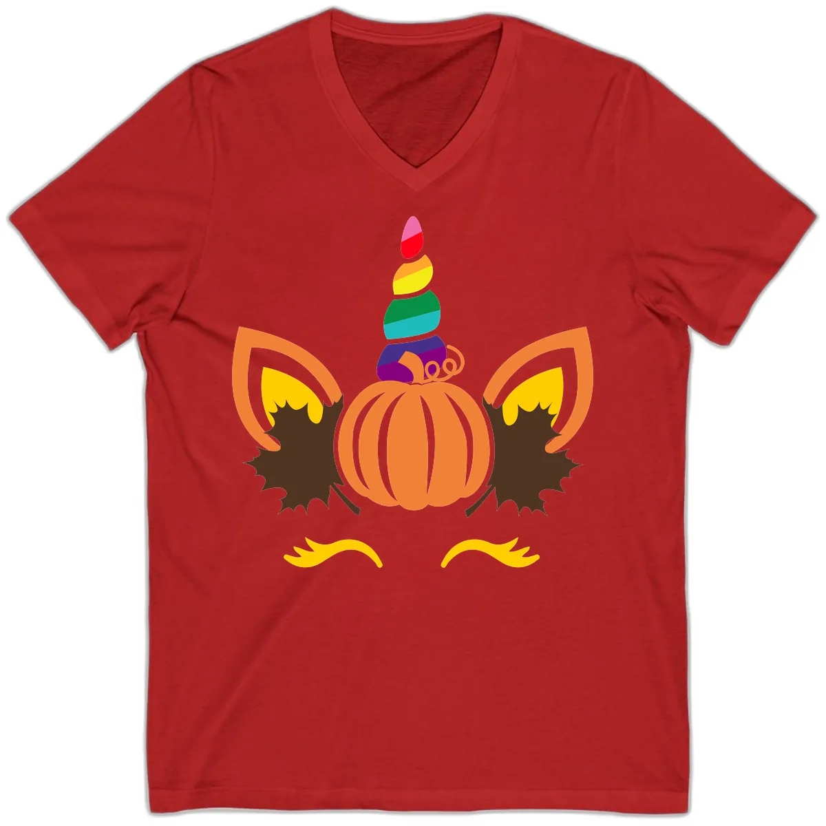 Unicorn Pumpkin Fall Halloween Design V-Neck in Red