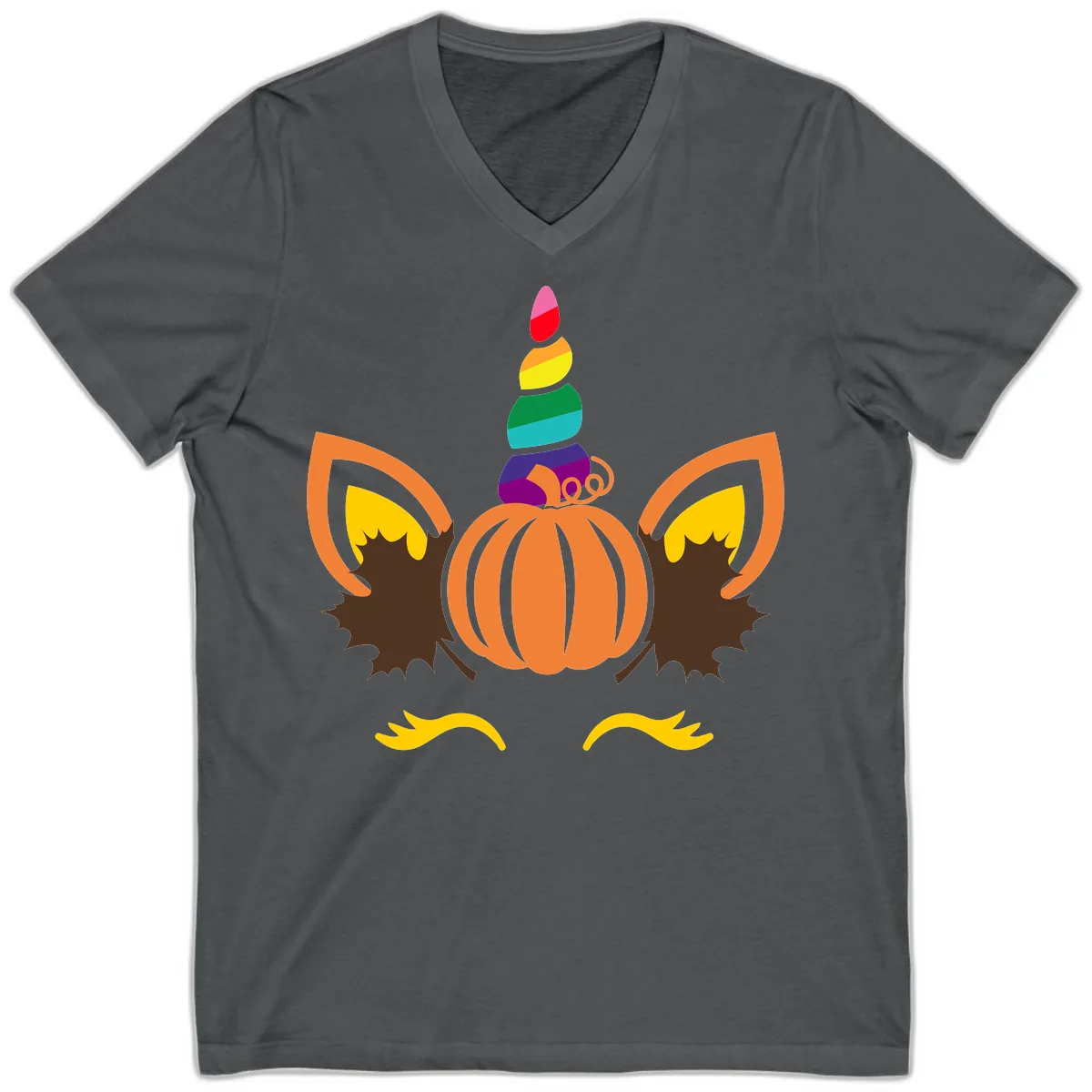 Unicorn Pumpkin Fall Halloween Design V-Neck in Asphalt