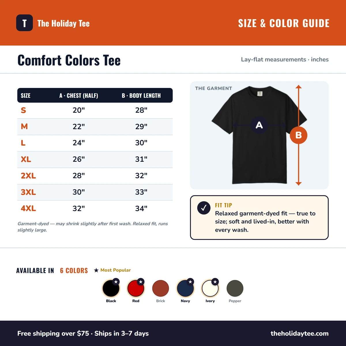 Comfort Color size & color guide