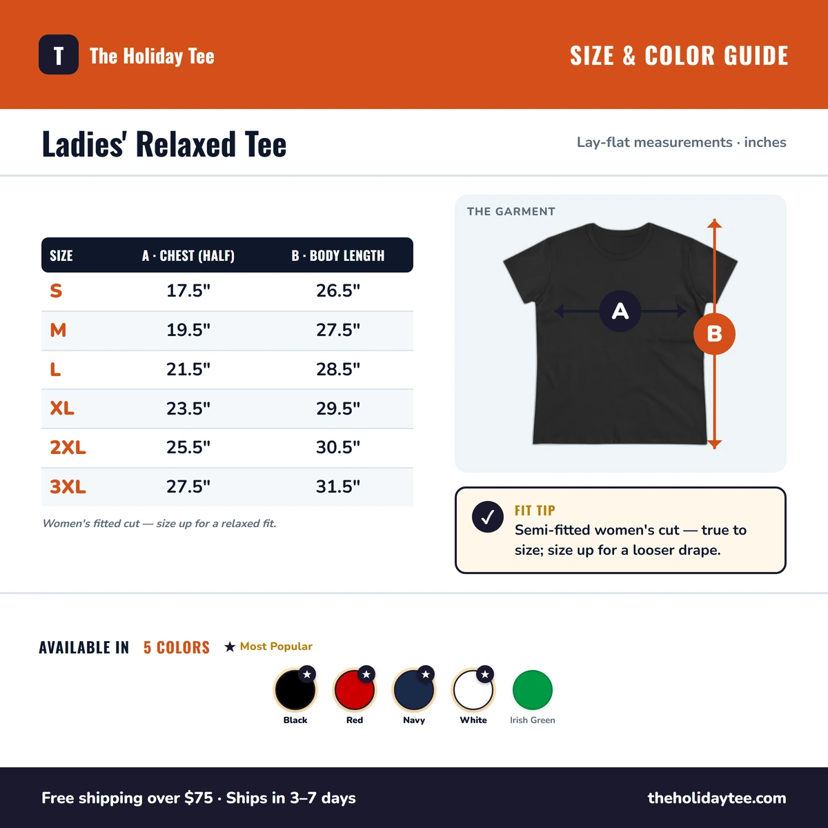 Ladies Tee size & color guide