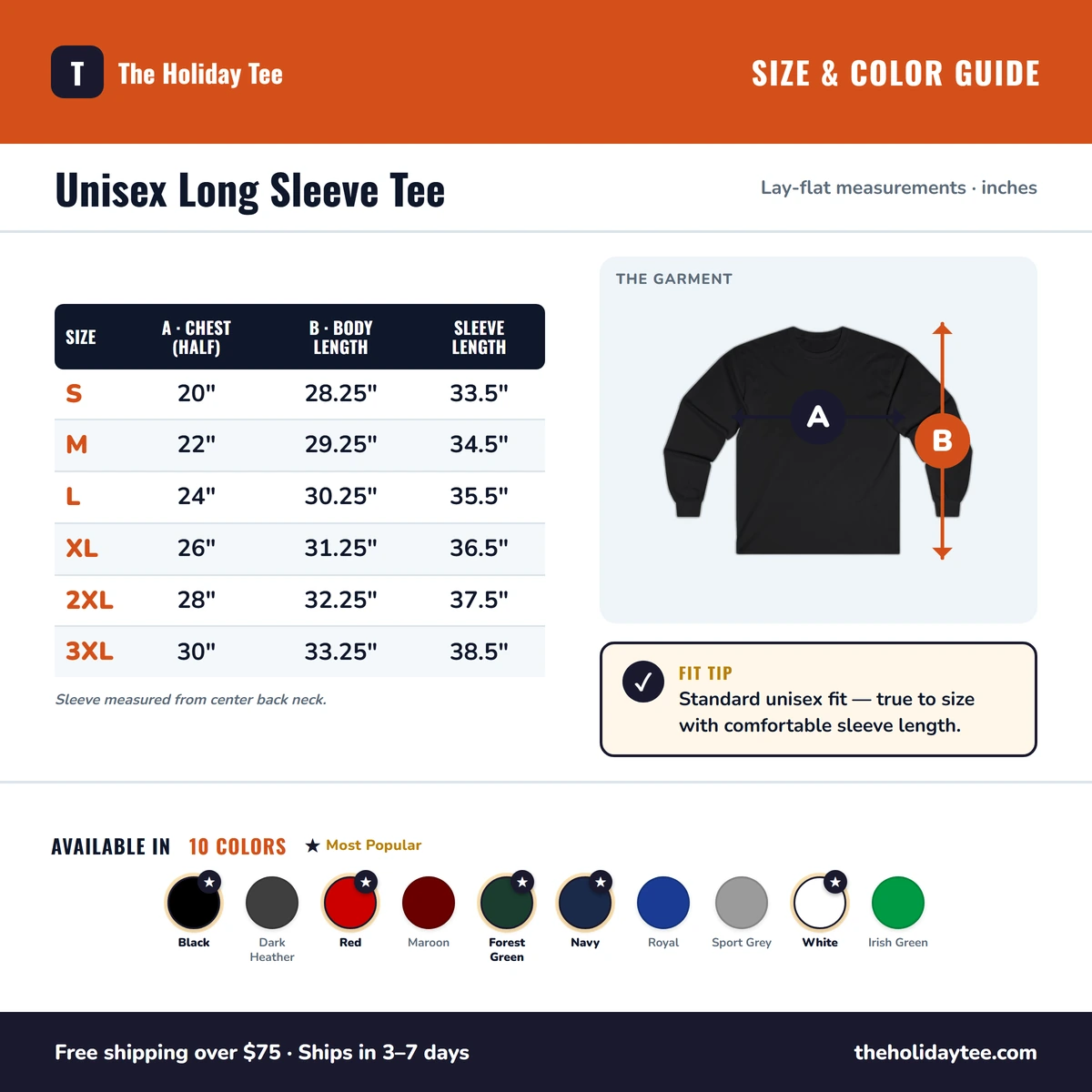 Long Sleeve size & color guide