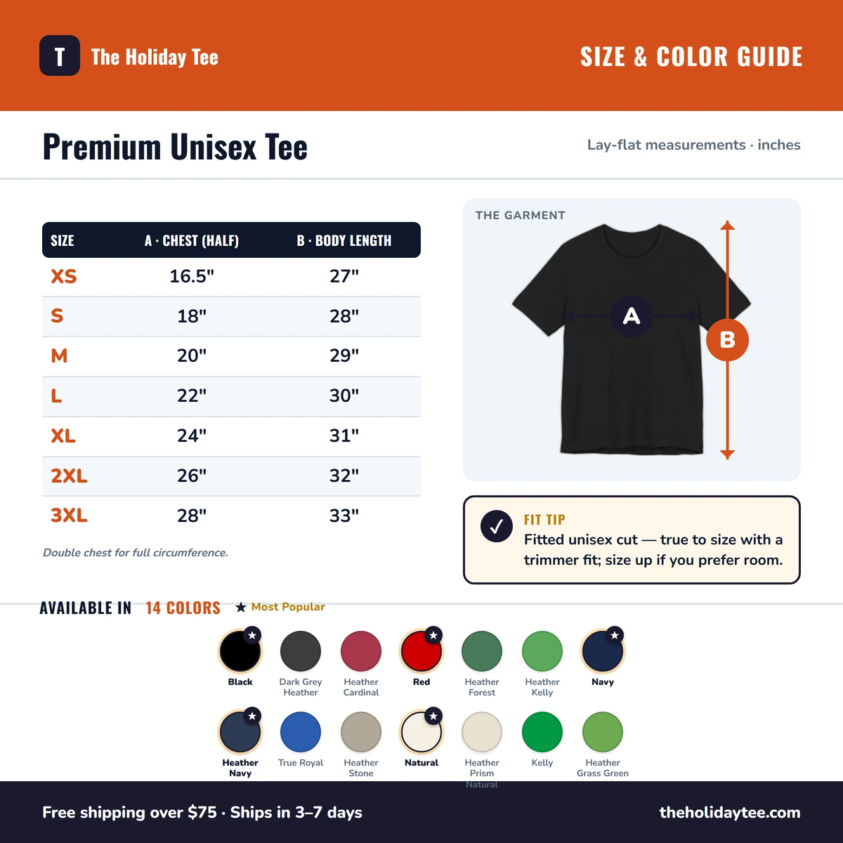 Premium T-Shirt size & color guide