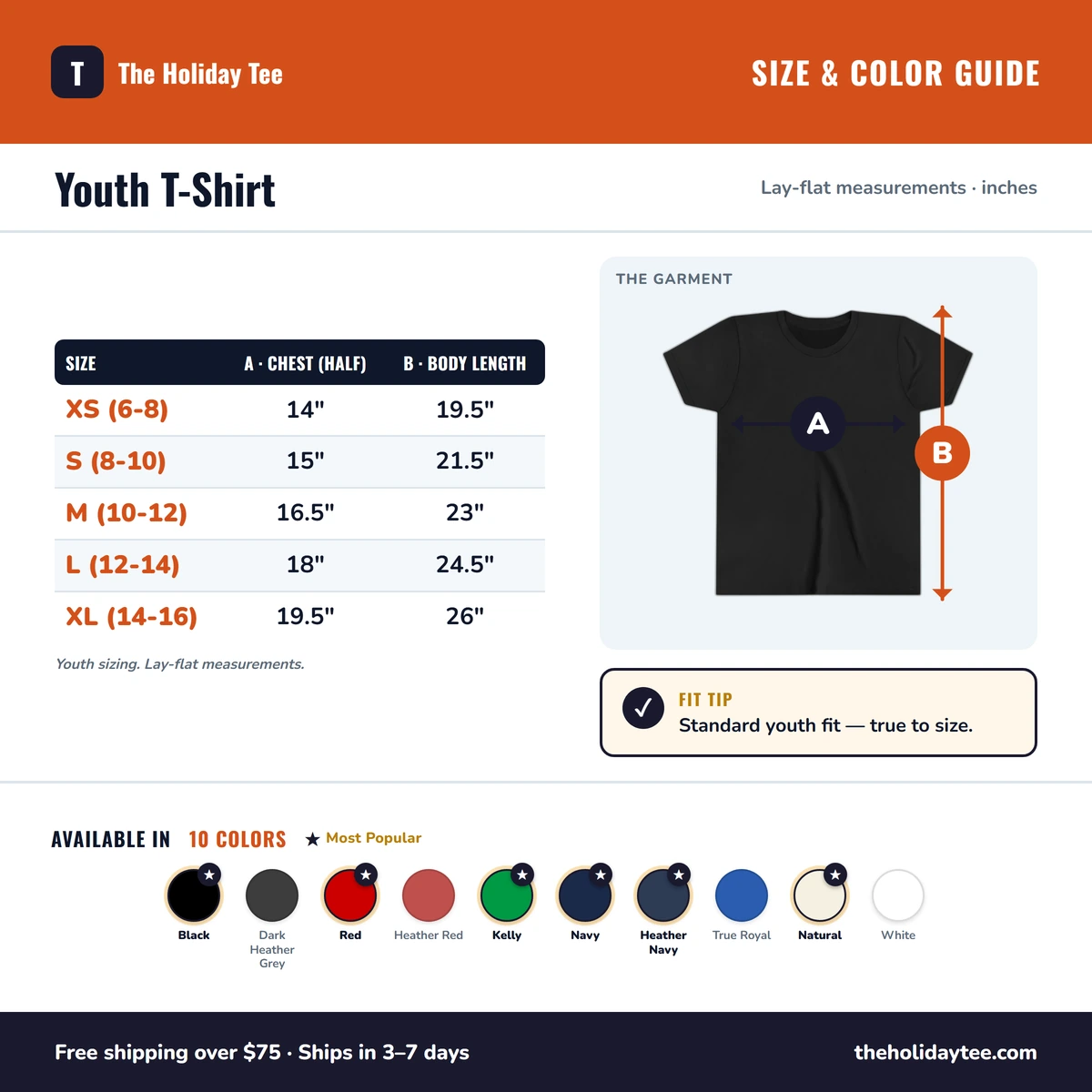 Youth T-Shirt size & color guide