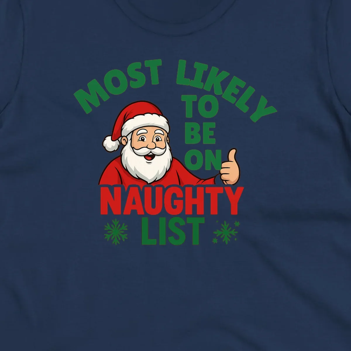 Santa Claus giving a thumbs up with text: Most Likely To Be On Naughty List. Funny Christmas design.