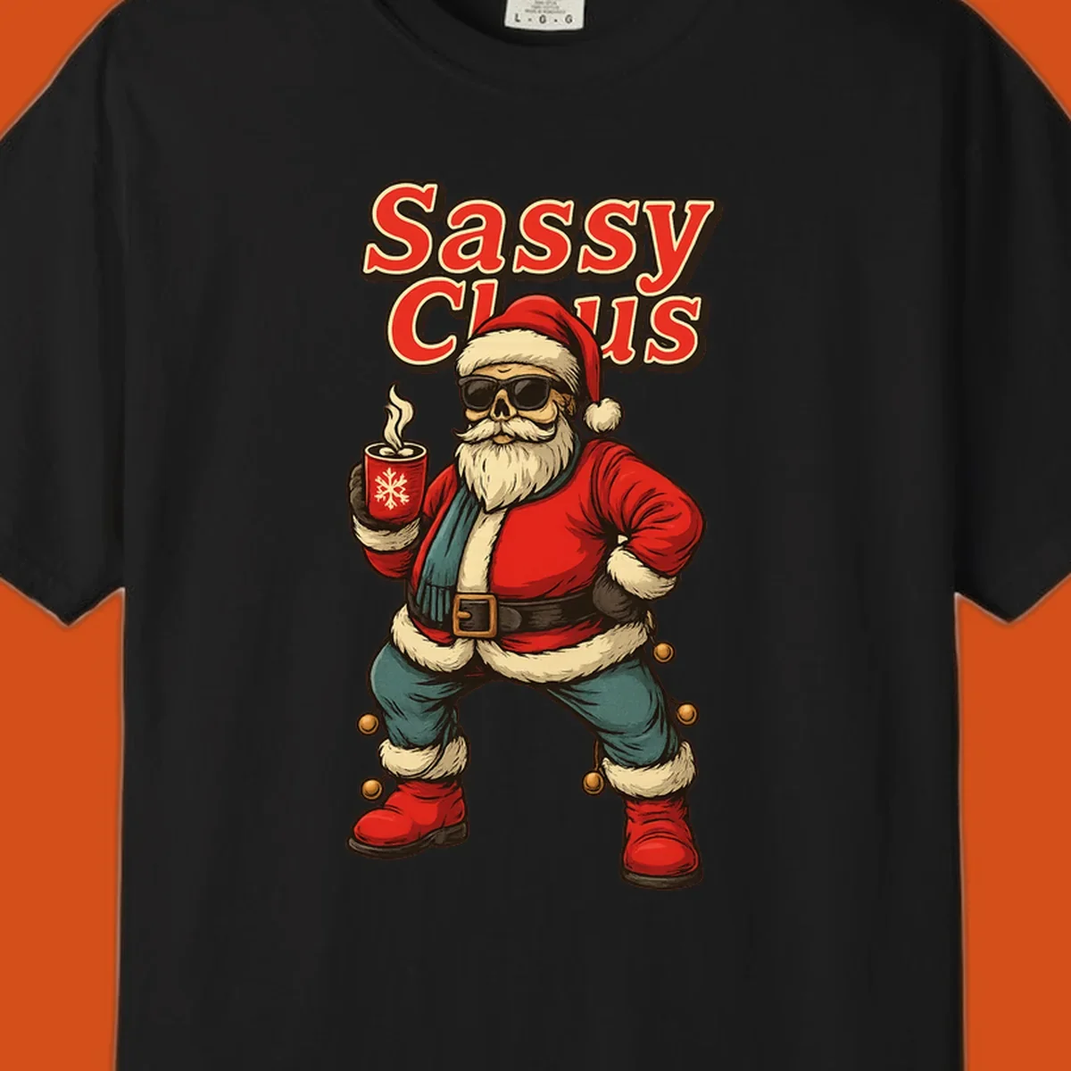 Sassy Claus illustration with sunglasses and coffee mug, text 'Sassy Claus'.