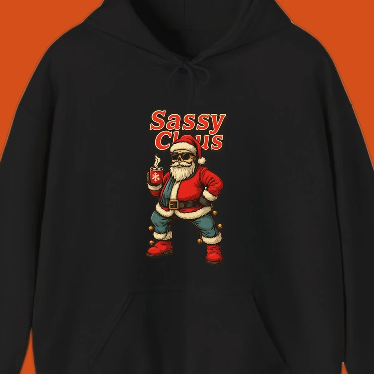 Sassy Claus illustration with sunglasses and coffee mug, text 'Sassy Claus'.
