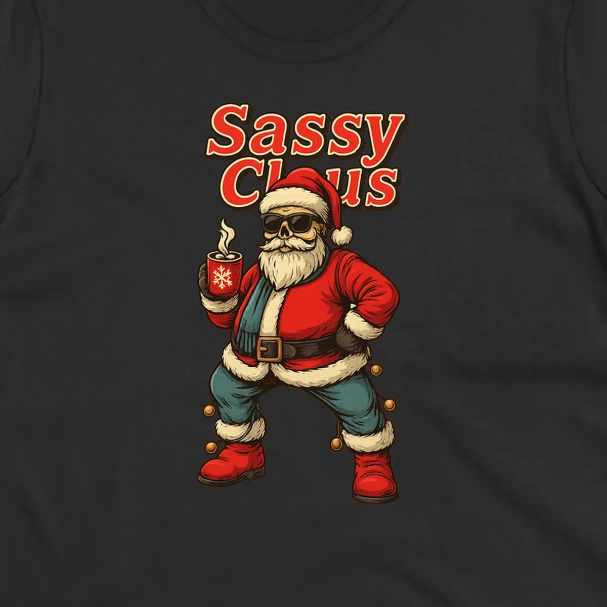 Sassy Claus illustration with sunglasses and coffee mug, text 'Sassy Claus'.
