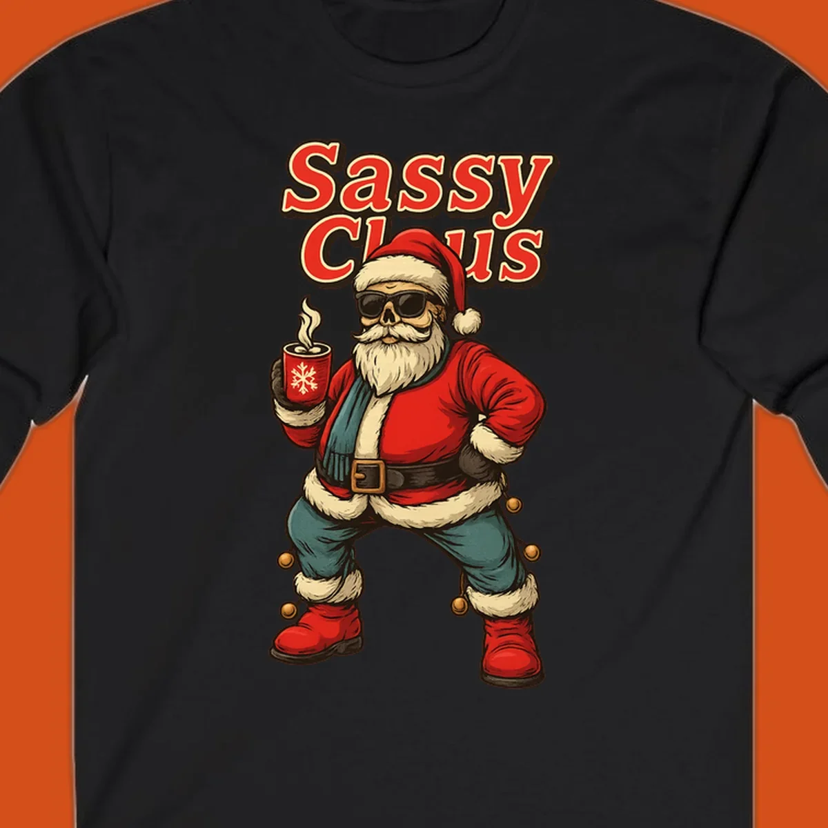 Sassy Claus illustration with sunglasses and coffee mug, text 'Sassy Claus'.