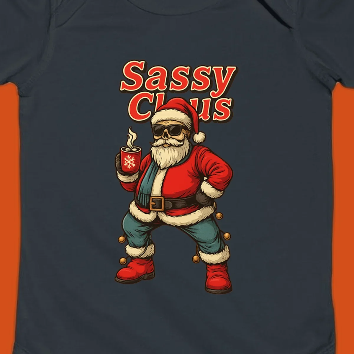 Sassy Claus illustration with sunglasses and coffee mug, text 'Sassy Claus'.