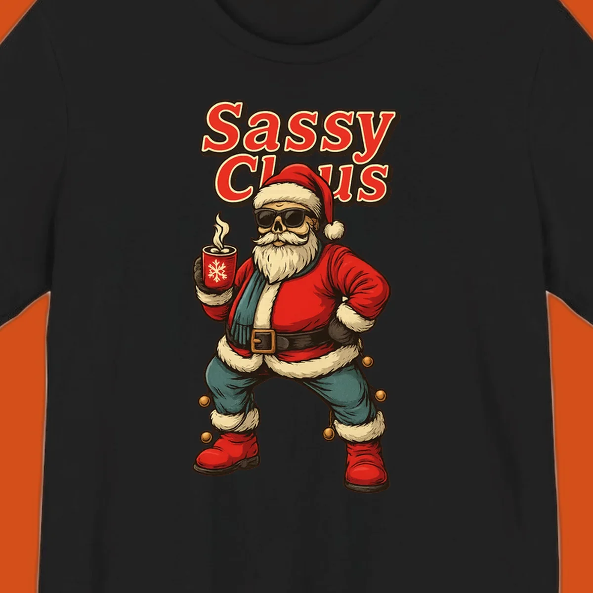 Sassy Claus illustration with sunglasses and coffee mug, text 'Sassy Claus'.