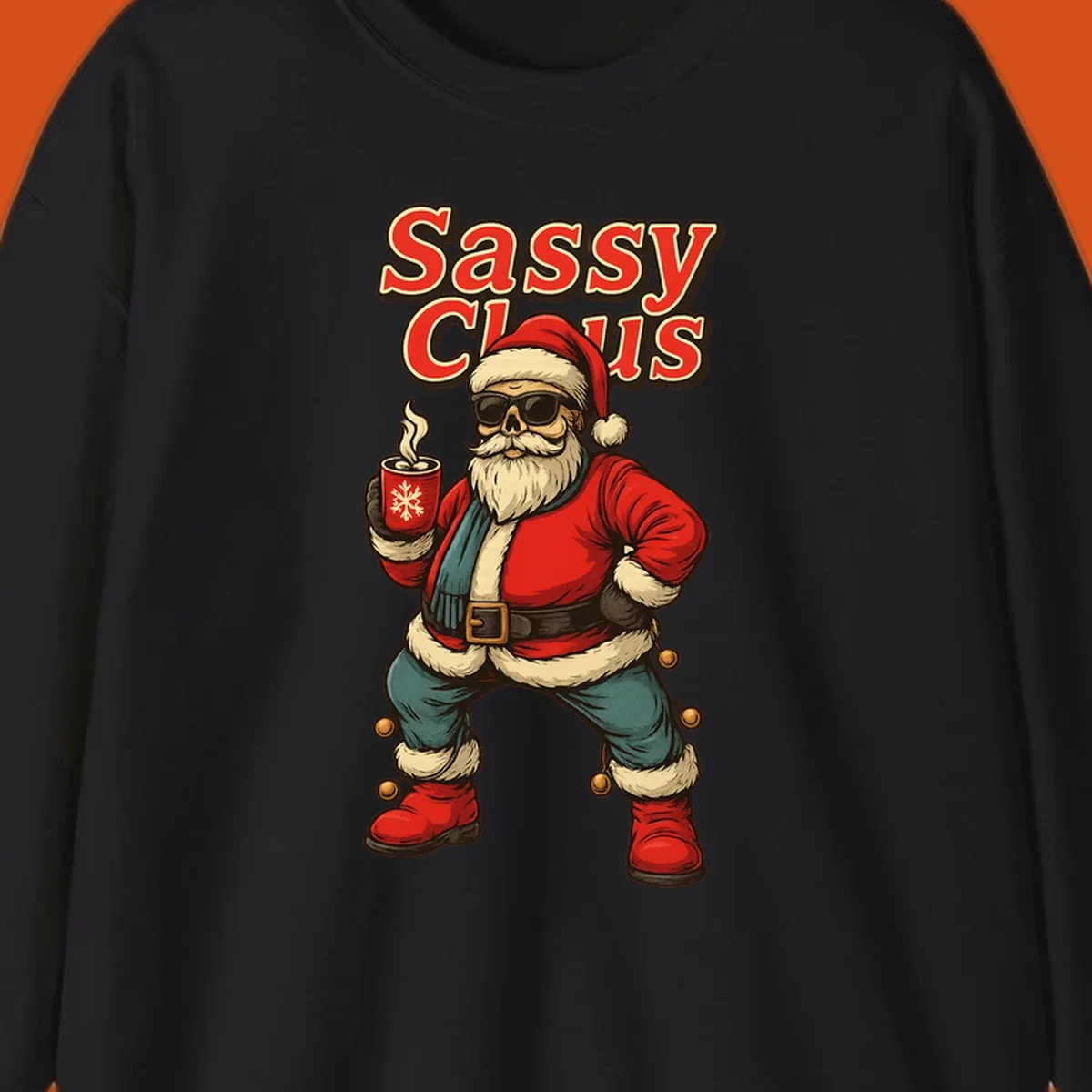 Sassy Claus illustration with sunglasses and coffee mug, text 'Sassy Claus'.