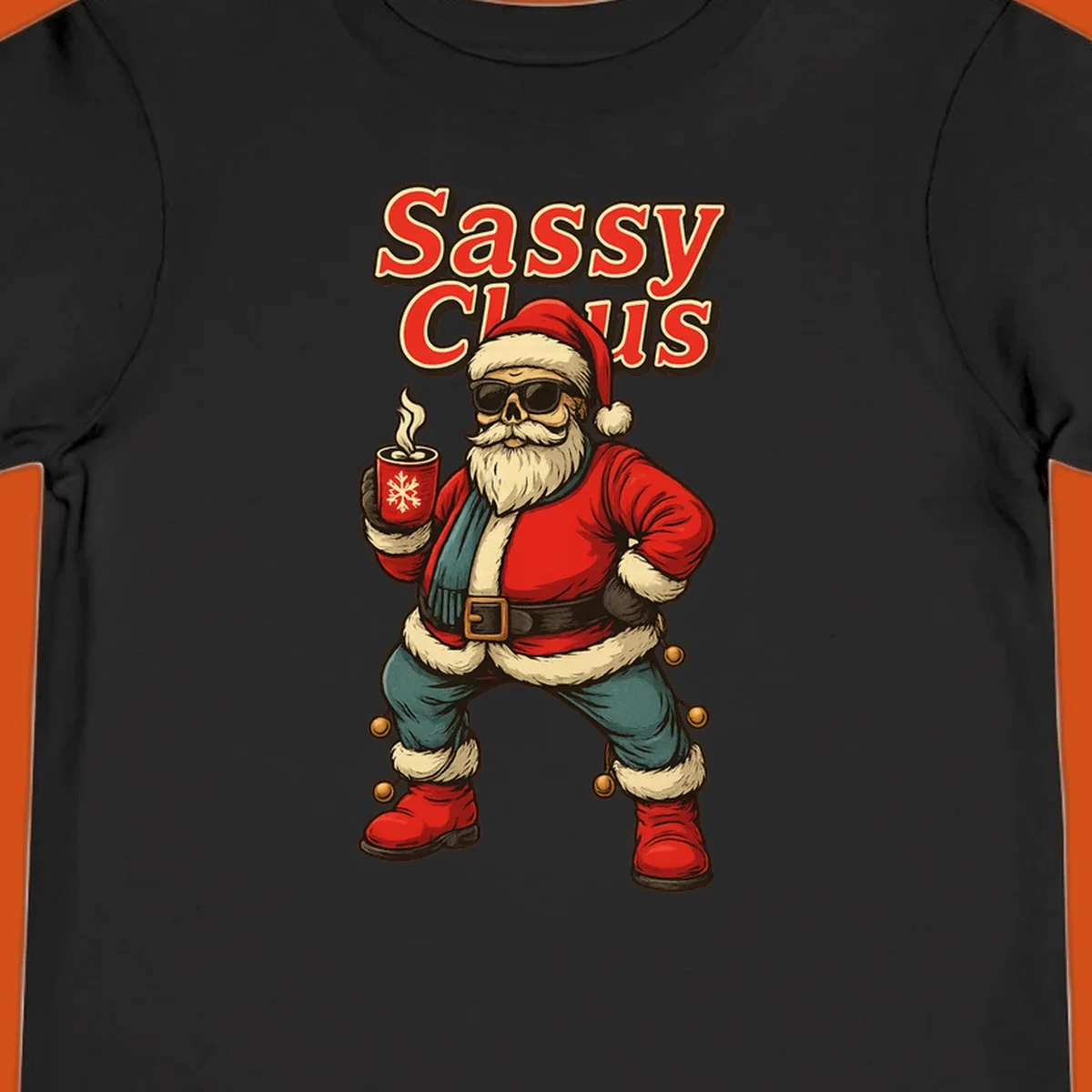 Sassy Claus illustration with sunglasses and coffee mug, text 'Sassy Claus'.