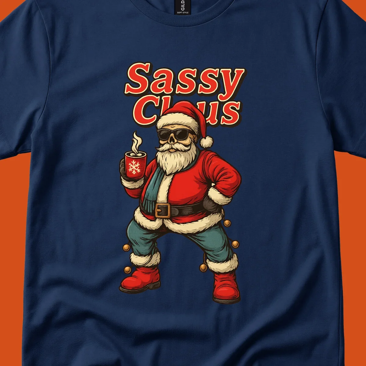 Sassy Claus illustration with sunglasses and coffee mug, text 'Sassy Claus'.