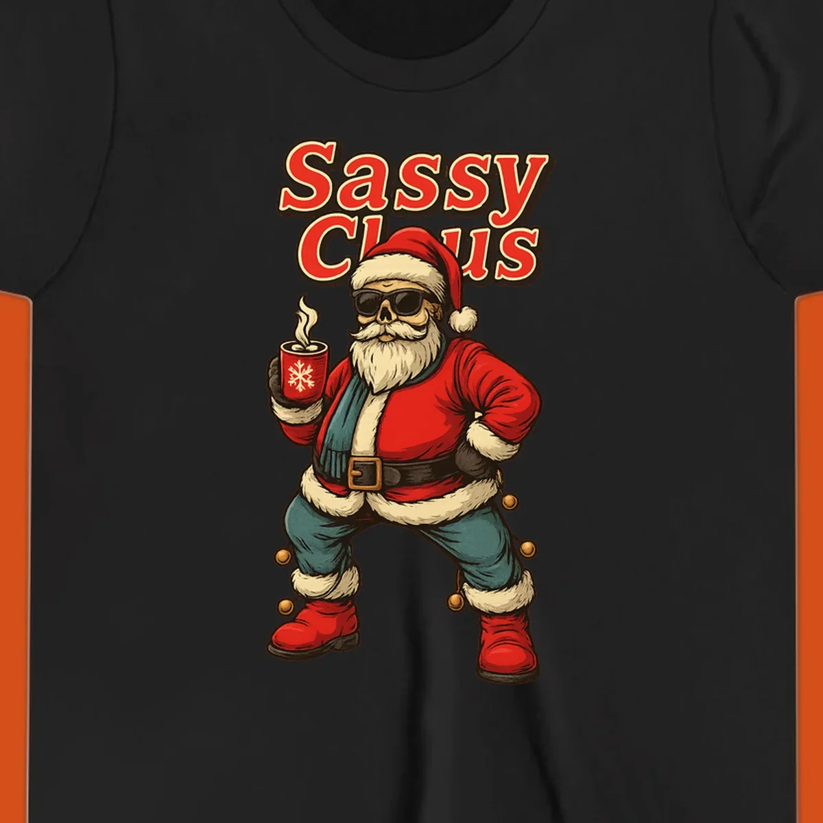Sassy Claus illustration with sunglasses and coffee mug, text 'Sassy Claus'.